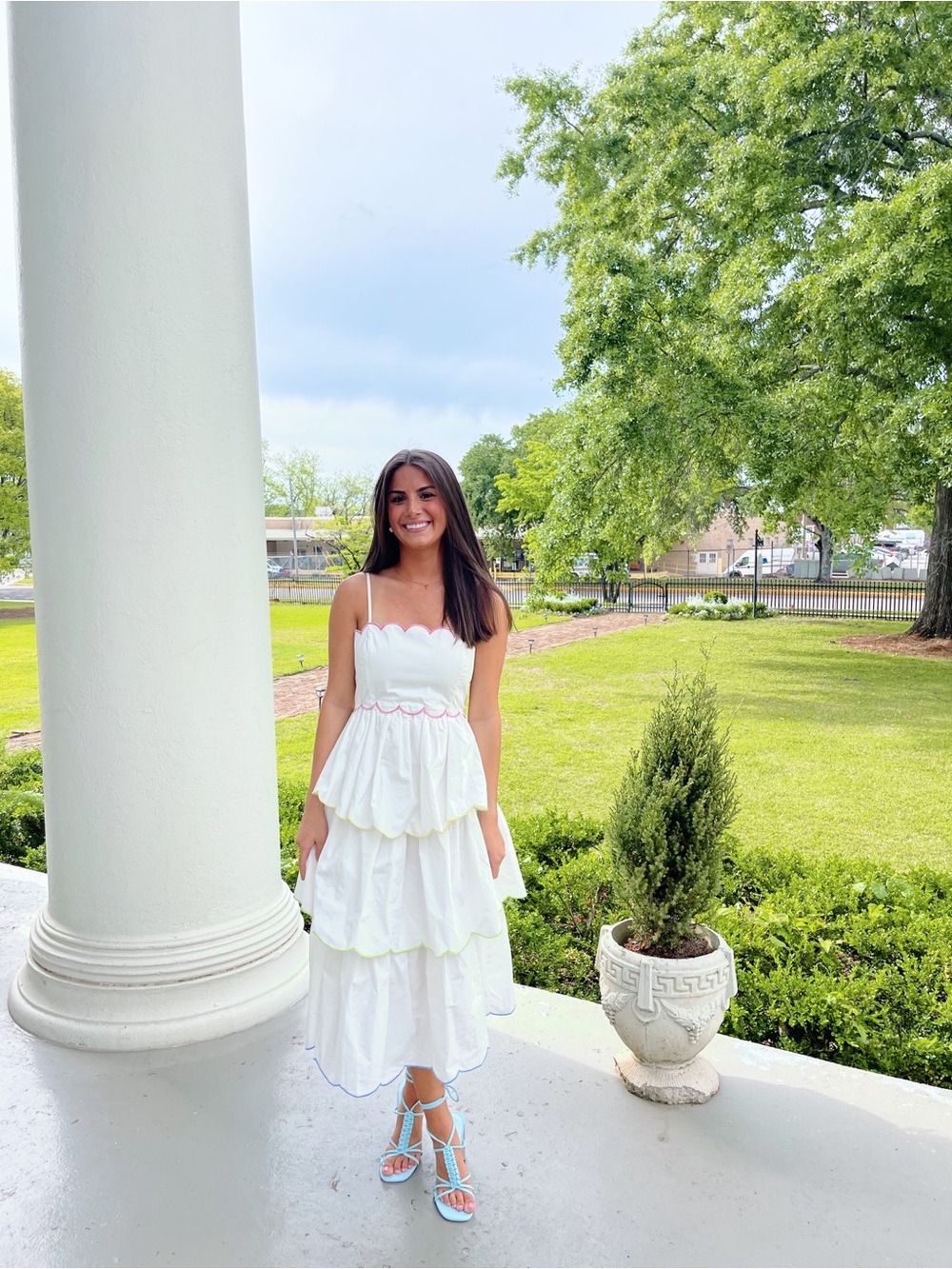 English Factory Tiered Scallop Midi Dress with Pastel Colorful Trim - Picture 2 of 2